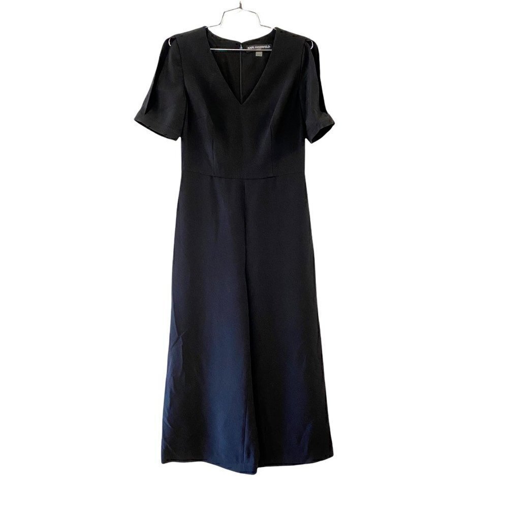 Karl Lagerfeld Paris Women Jumpsuit Black Stretch V Neck Short Sleeve Wide Leg 4